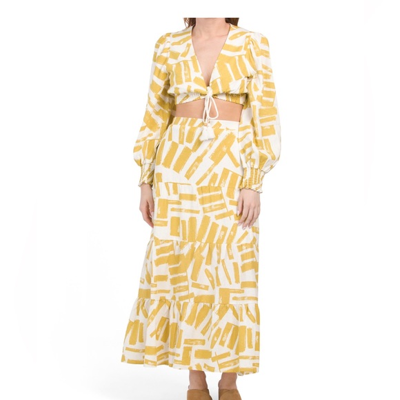 house of harlow 1960 Long Sleeve Linen Crop Top With Tiered Maxi Skirt Set Sz S - Picture 3 of 16